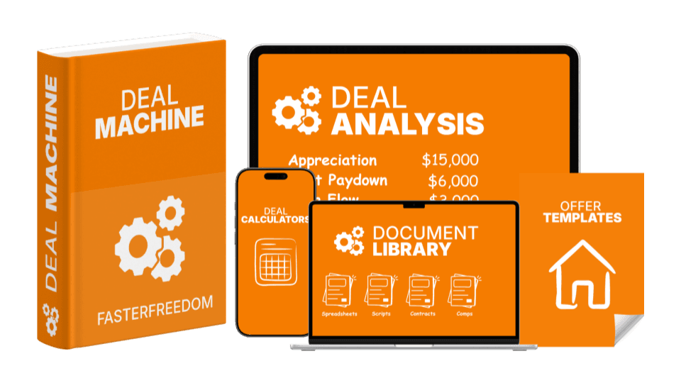 Deal Machine analysis tools shown across a book, phone, laptop, and tablet